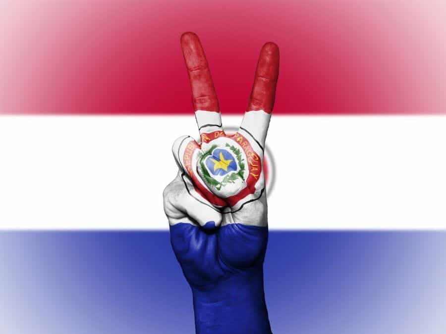 A hand makes a peace sign in front of the Paraguayan flag.